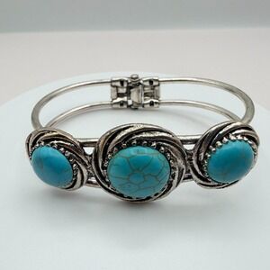 Vintage Y2K Silver Tone Bangle Bracelet Faux Turquoise Cabochon Stones Jewelry